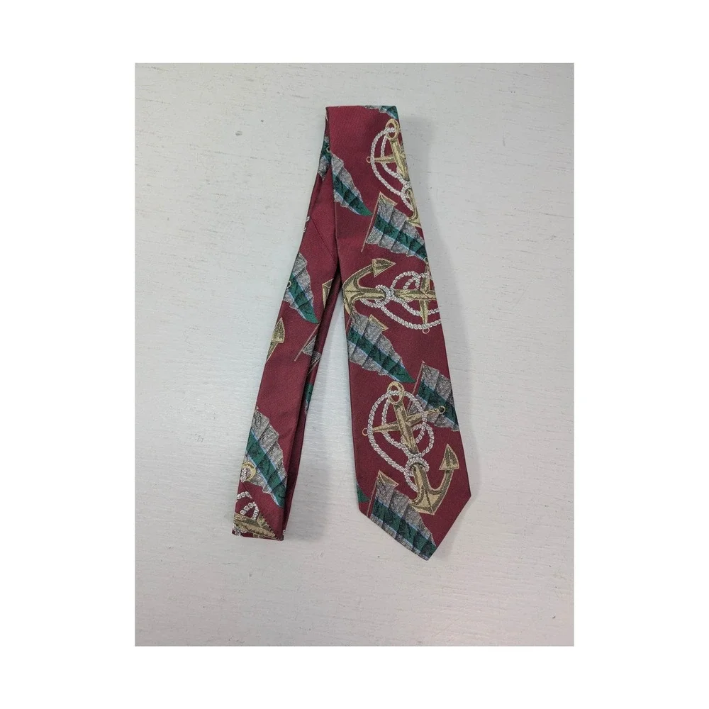 Brooks Brothers Mens Silk Nautical Anchor Flag Neck Tie Burgundy Designer Luxury